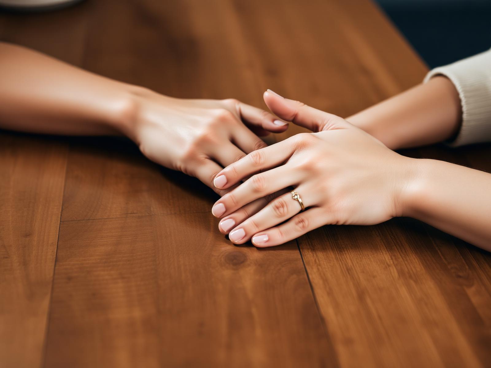 Two hands holding each other across a wooden table